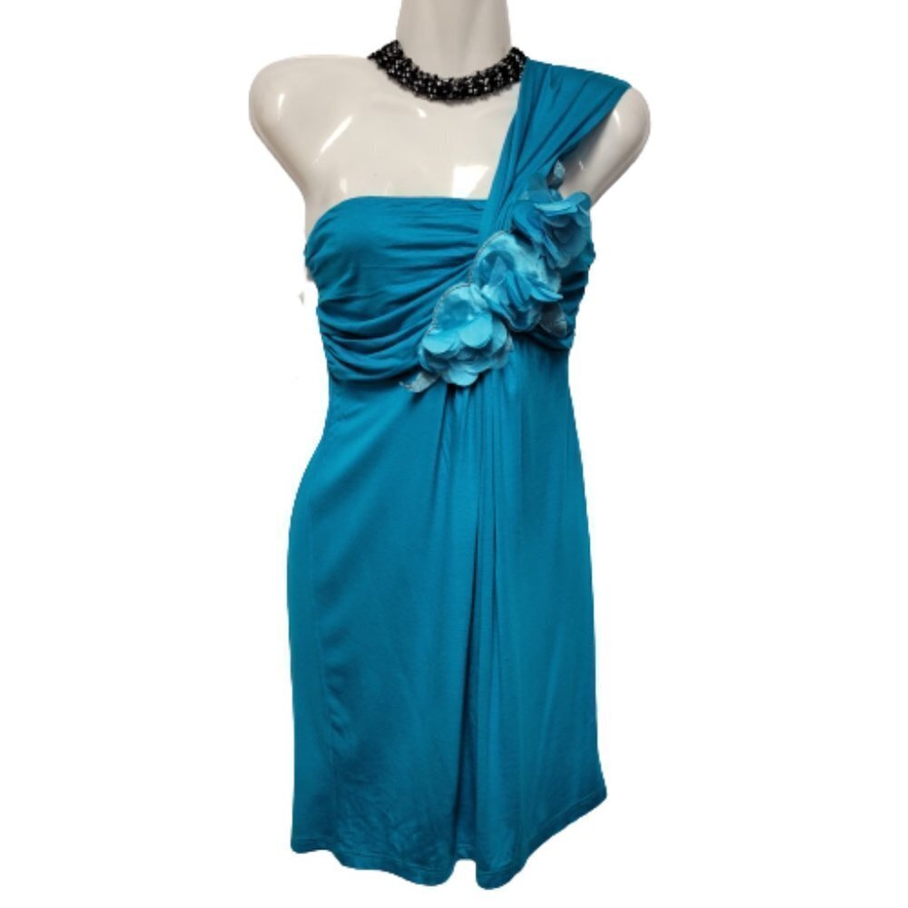 Misope Blue One Shoulder Rosette Accented Mini Dress Size M Size L